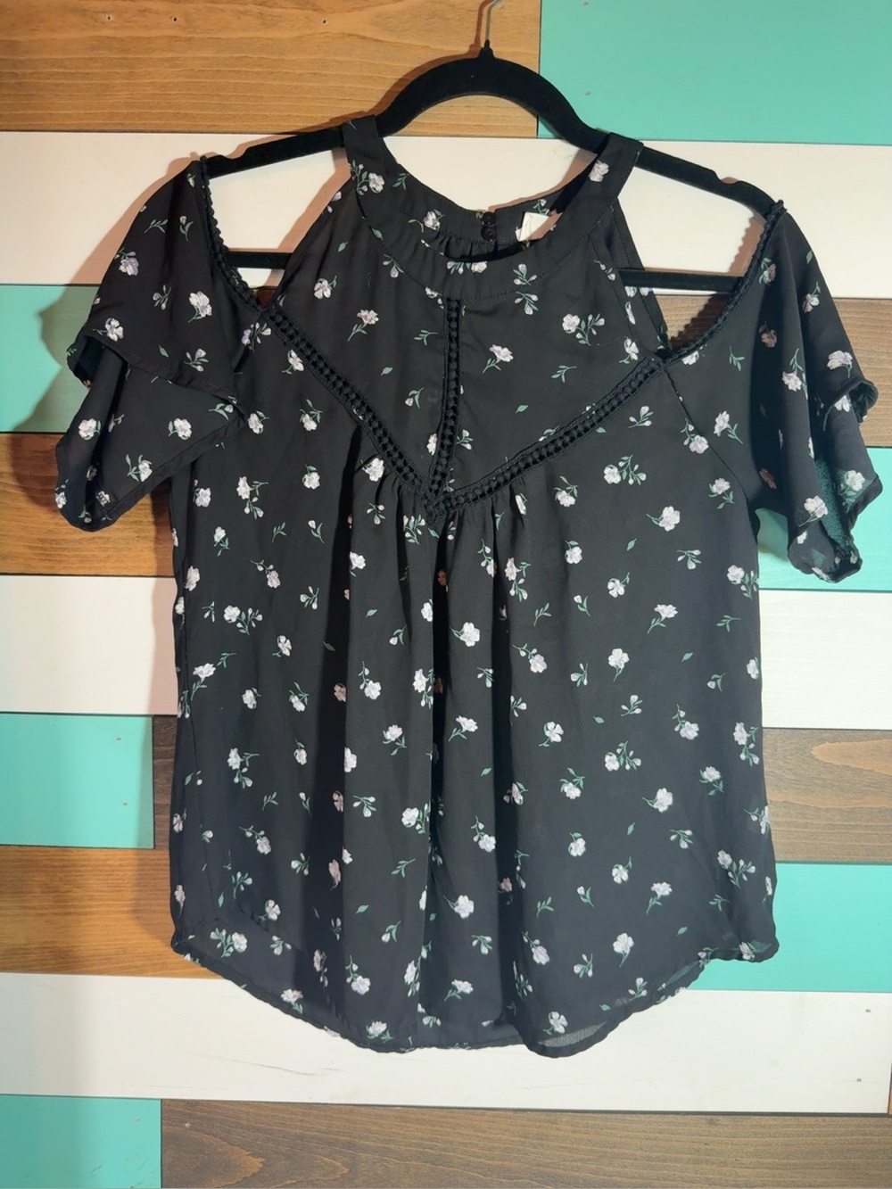 Sienna Sky Black Floral Cold-Shoulder Blouse with Crochet Trim